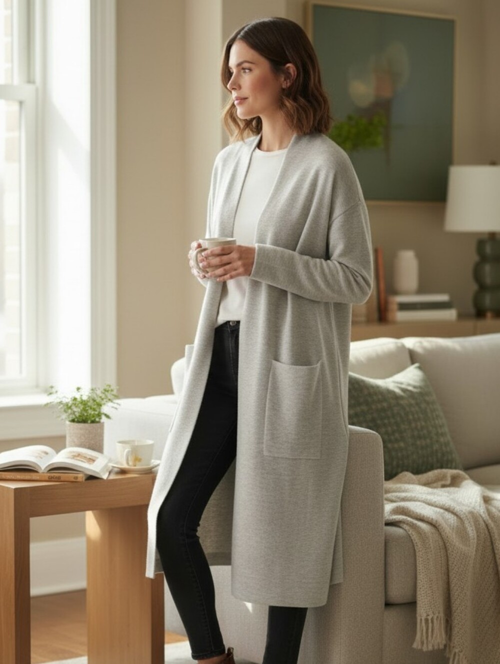 Babaton Long Wool Blend Open Front Cardigan Gray Sweater Size Large